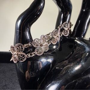 Vintage Art Nouveau Delicate Silver Filigree Flower Bracelet 7”